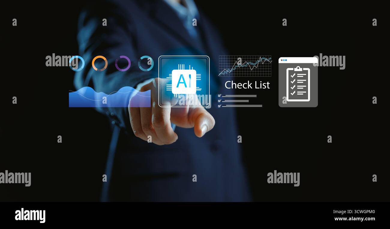 Businessman touching virtual AI interface with data analytics, checklist and technology icons, symbolizing artificial int Stock Photo