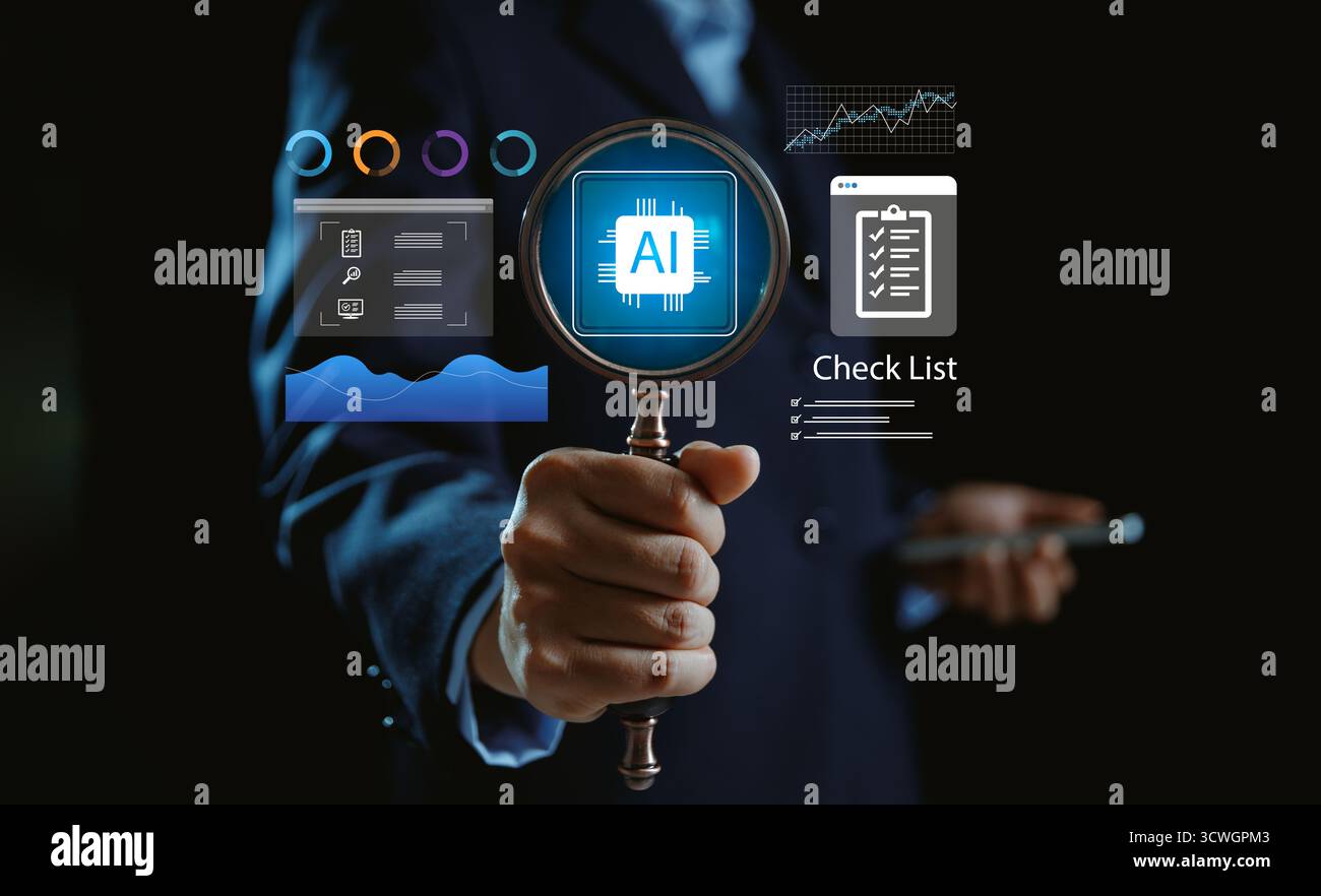 Businessman touching virtual AI interface with data analytics, checklist and technology icons, symbolizing artificial intelligence, digital transforma Stock Photo
