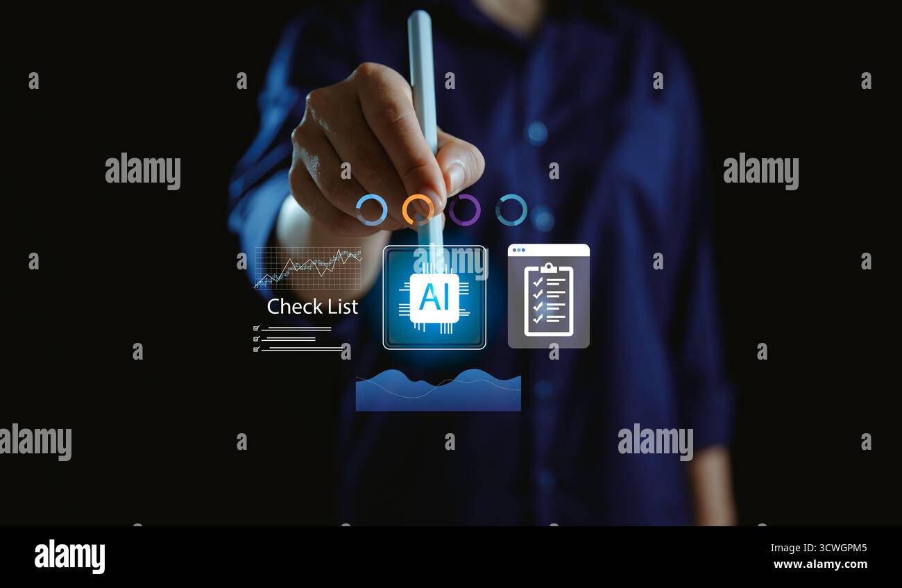 Businessman touching virtual AI interface with data analytics, checklist and technology icons, symbolizing artificial intelligence, Stock Photo