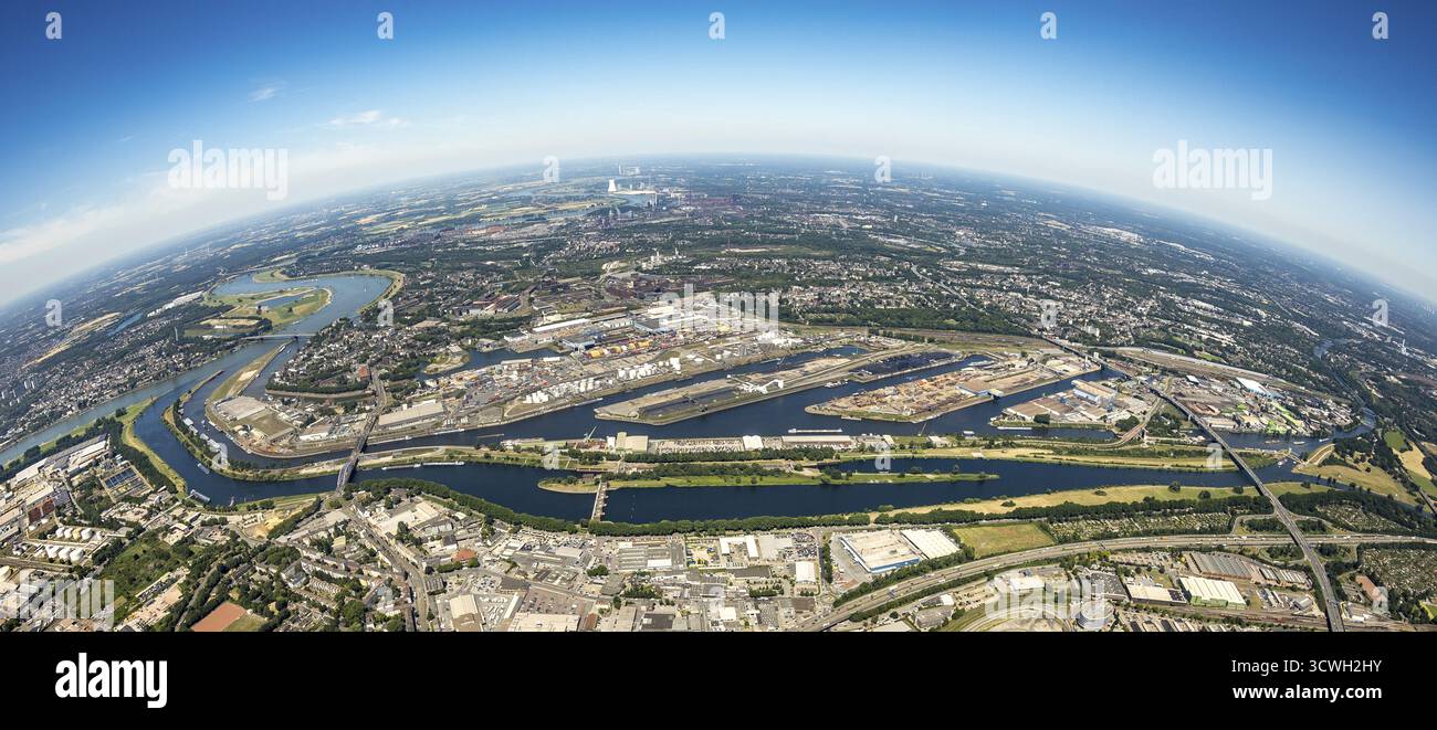 Aerial view, North Harbour, Ruhrort, River Rhine, River Ruhr, The Curve ...