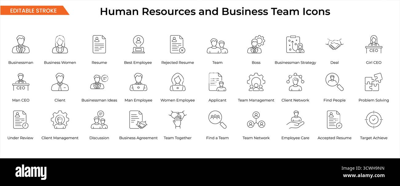 Business People Icons – CEO, Employee, Resume, Teamwork, and Management Vector Set Stock Vector