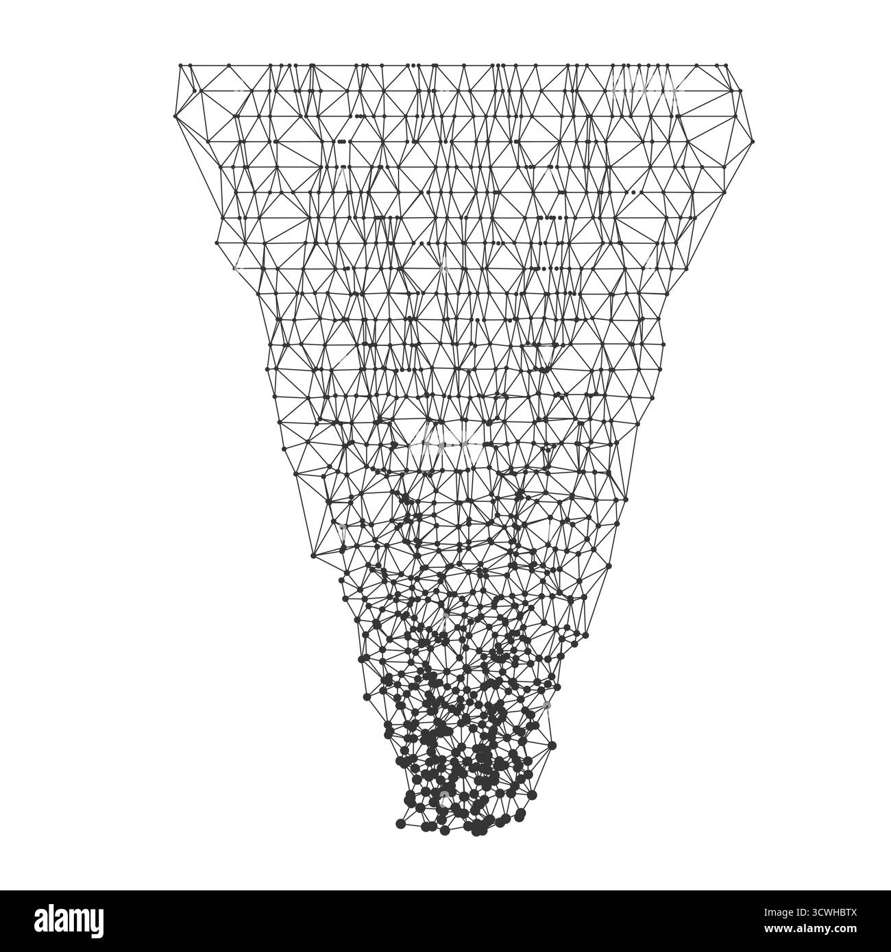 Dynamic polygonal tornado shape formed by connected black lines and dots, perfect for technology, science, or abstract design projects isolated on white background vector illustration Stock Vector