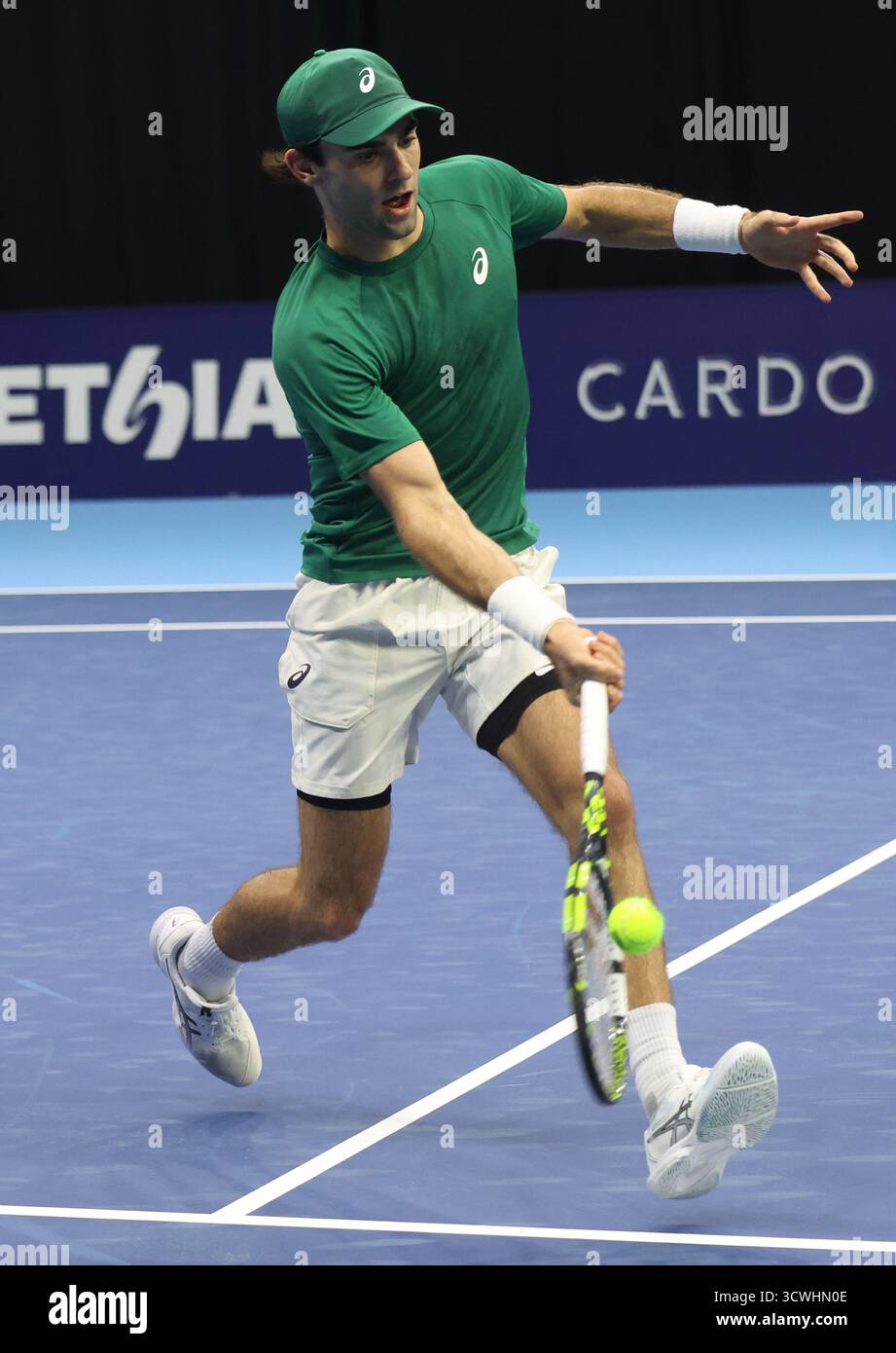 Brussels, Belgium. 12th Oct, 2025. Eliot Spizzirri pictured in action during the European Open ATP tennis tournament in Brussels, on Sunday 12 October 2025. This year's edition of the tournament is taking place from 12 to 19 October 2025. BELGA PHOTO VIRGINIE LEFOUR Credit: Belga News Agency/Alamy Live News Stock Photo