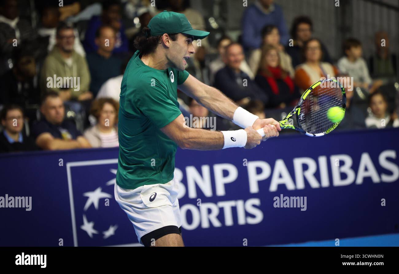 Brussels, Belgium. 12th Oct, 2025. Eliot Spizzirri pictured in action during the European Open ATP tennis tournament in Brussels, on Sunday 12 October 2025. This year's edition of the tournament is taking place from 12 to 19 October 2025. BELGA PHOTO VIRGINIE LEFOUR Credit: Belga News Agency/Alamy Live News Stock Photo