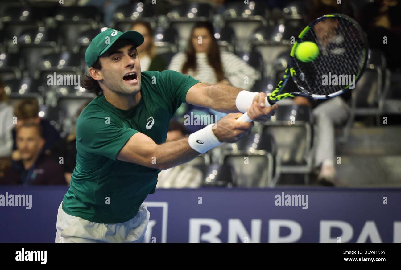 Brussels, Belgium. 12th Oct, 2025. Eliot Spizzirri pictured in action during the European Open ATP tennis tournament in Brussels, on Sunday 12 October 2025. This year's edition of the tournament is taking place from 12 to 19 October 2025. BELGA PHOTO VIRGINIE LEFOUR Credit: Belga News Agency/Alamy Live News Stock Photo