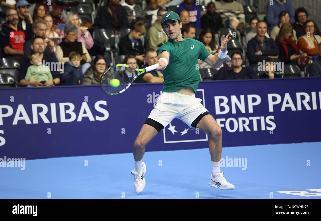 Brussels, Belgium. 12th Oct, 2025. Eliot Spizzirri pictured in action during the European Open ATP tennis tournament in Brussels, on Sunday 12 October 2025. This year's edition of the tournament is taking place from 12 to 19 October 2025. BELGA PHOTO VIRGINIE LEFOUR Credit: Belga News Agency/Alamy Live News Stock Photo