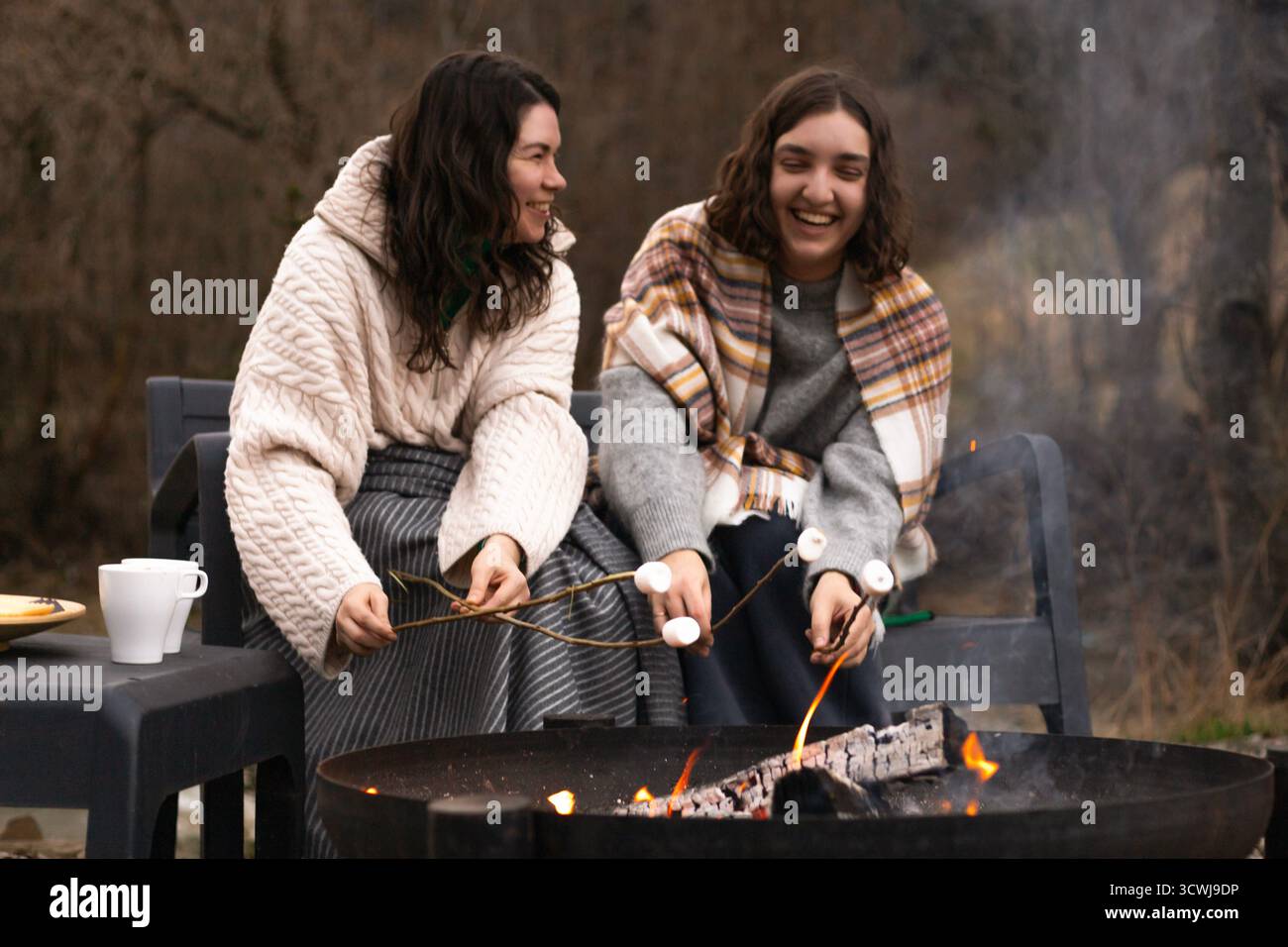 two young women laughing while roasting marshmallows over a campfire Stock Photo