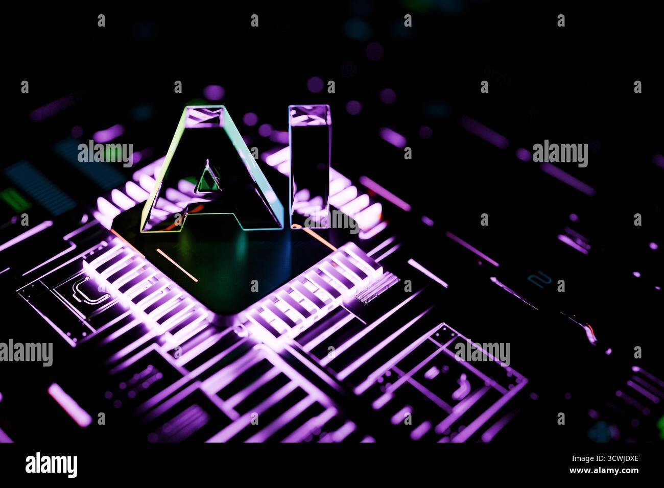 Futuristic AI Letters Glowing And CPU Processor On A Digital Circuit Board, Symbolizing Artificial Intelligence, Machine Learning, Innovation, And Mod Stock Photo