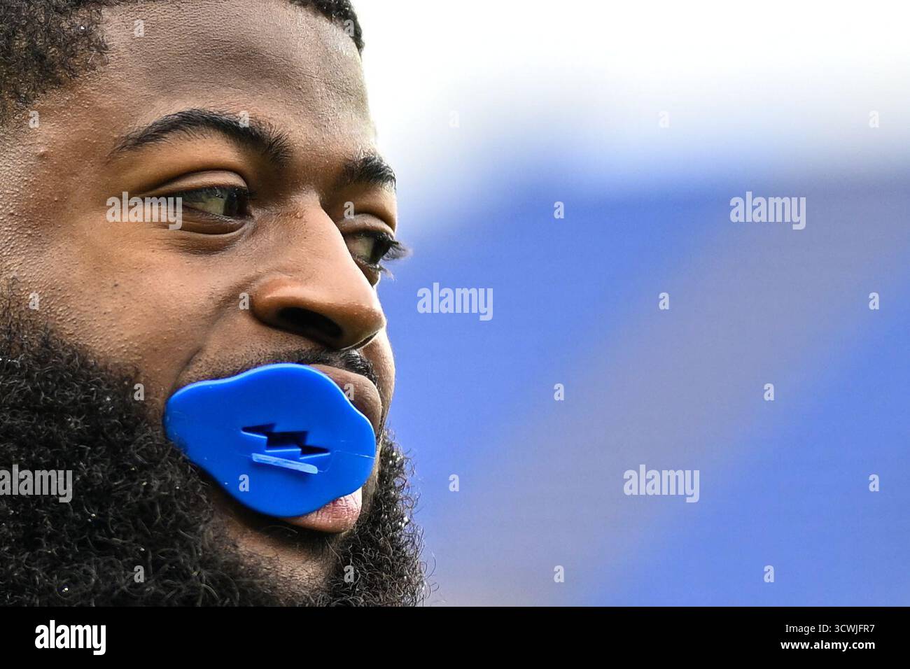 Los Angeles Rams linebacker Jared Verse looks on during pre-game warm ...