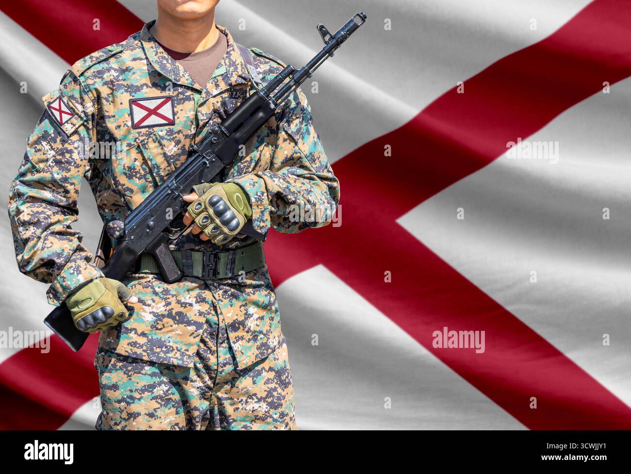 Alabama Rifle Team Alabama US state flag with soldier holding assault rifle Stock Photo ...