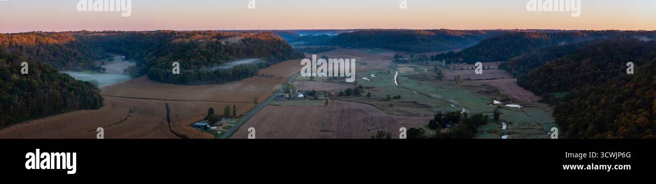 Aerial panoramic photograph of sunrise over rural southwest Wisconsin ...
