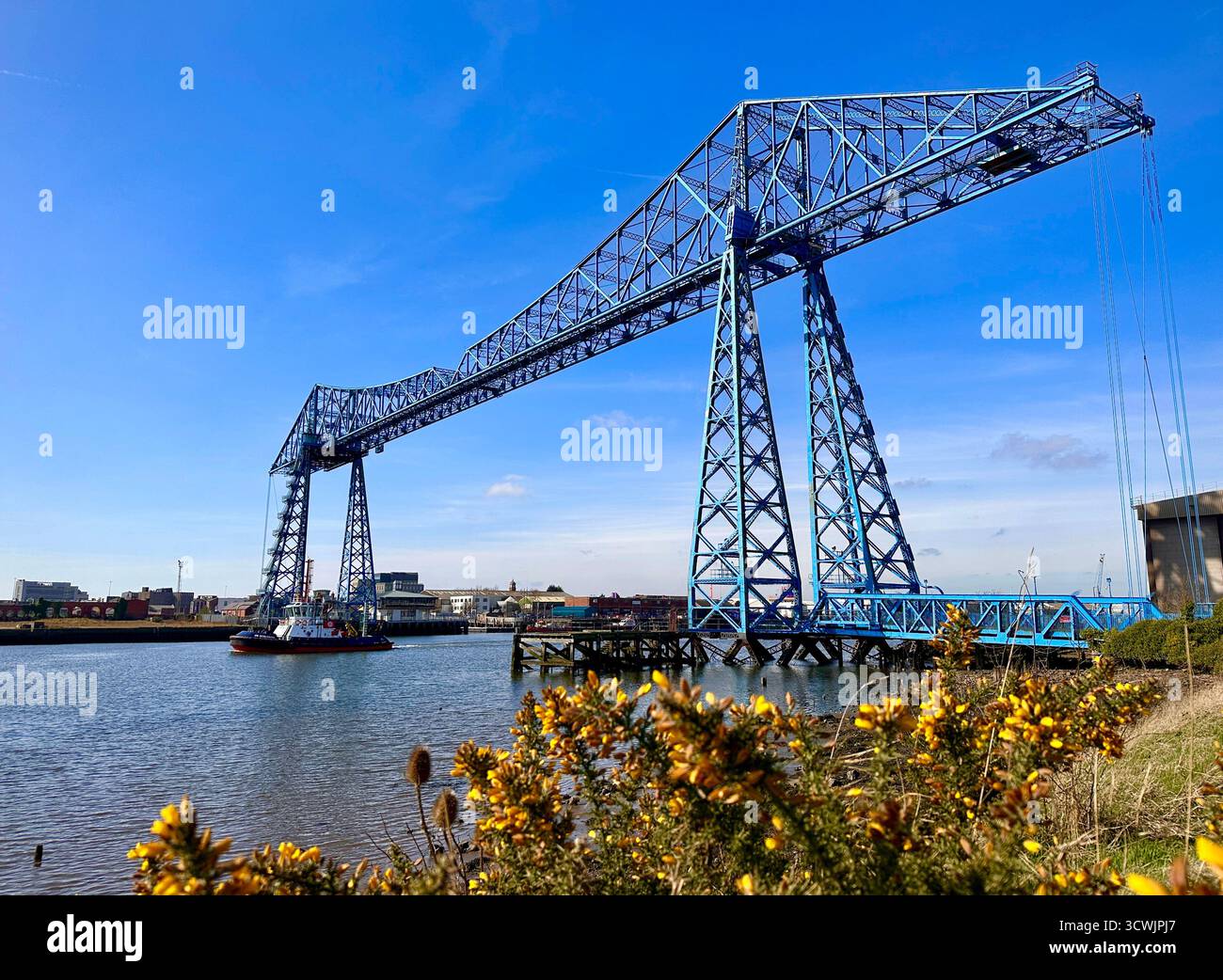The iconic transporter bridge spanning over a river with a tugboat and urban skyline in the background, framed by yellow wildflowers. middlesbrough uk - Smartphone Captured Stock Image