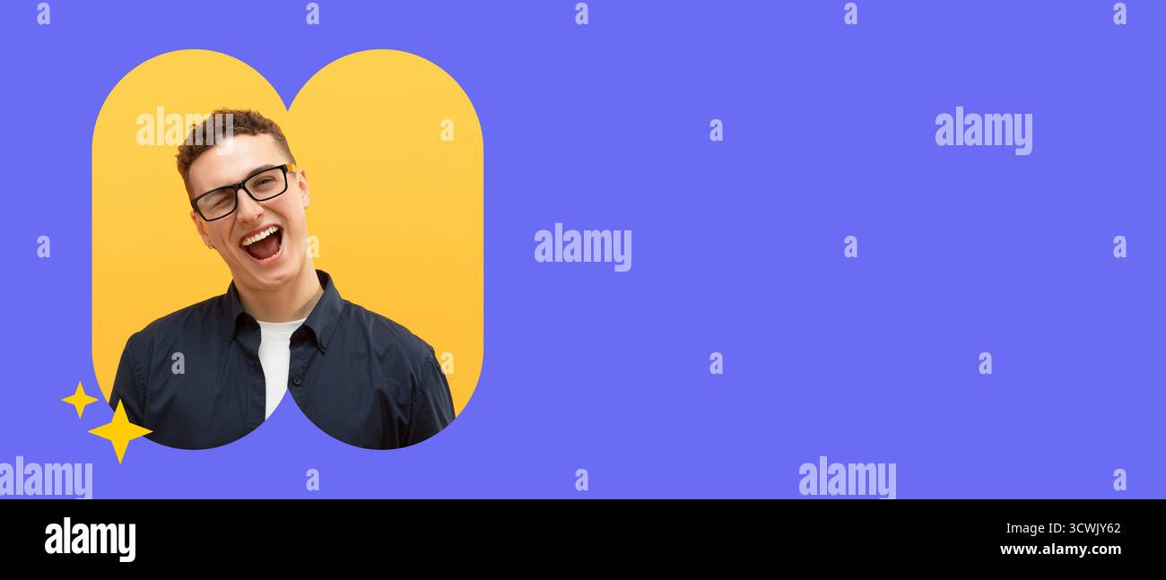 Smiling Young Man in Collage With Colorful Background and Playful Design Elements Stock Photo