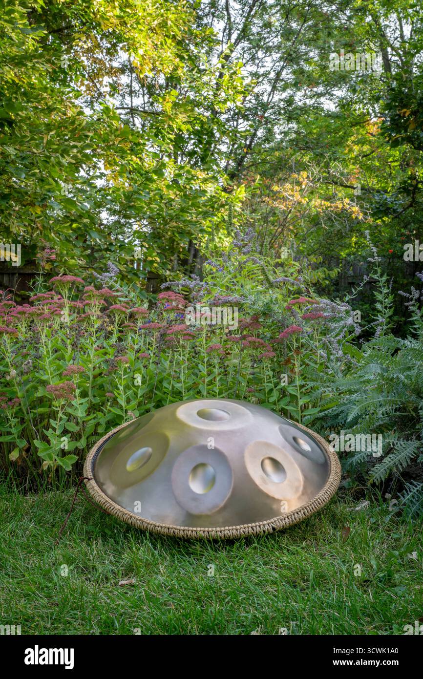 handpan drum outdoors in a backyard, a modern, melodic percussion instrument made of steel, known for its soothing, resonant tones Stock Photo