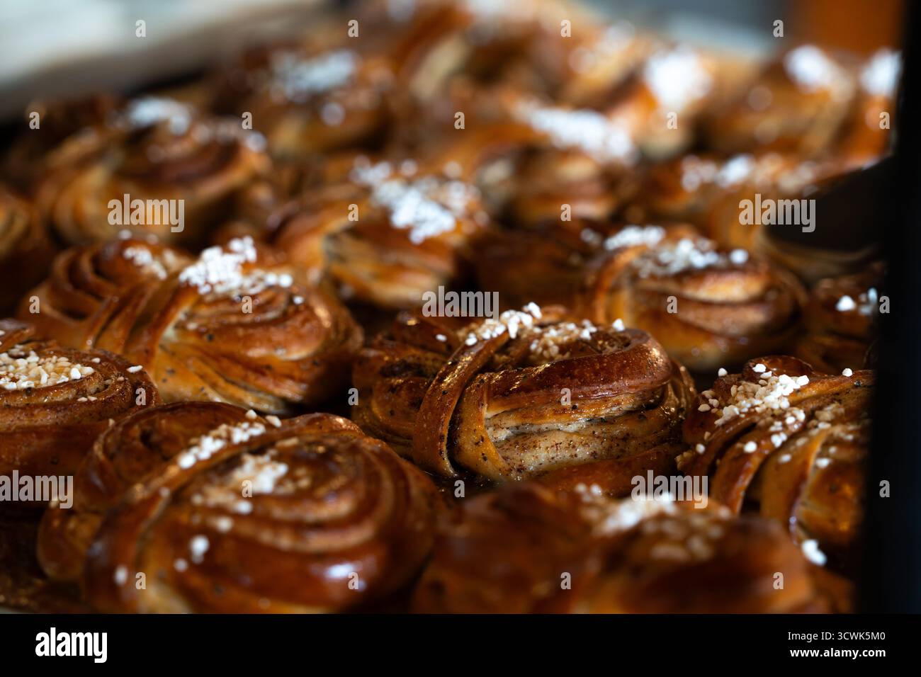 Freshly baked Swedish cinnamon buns on a tray for a fika Stock Photo