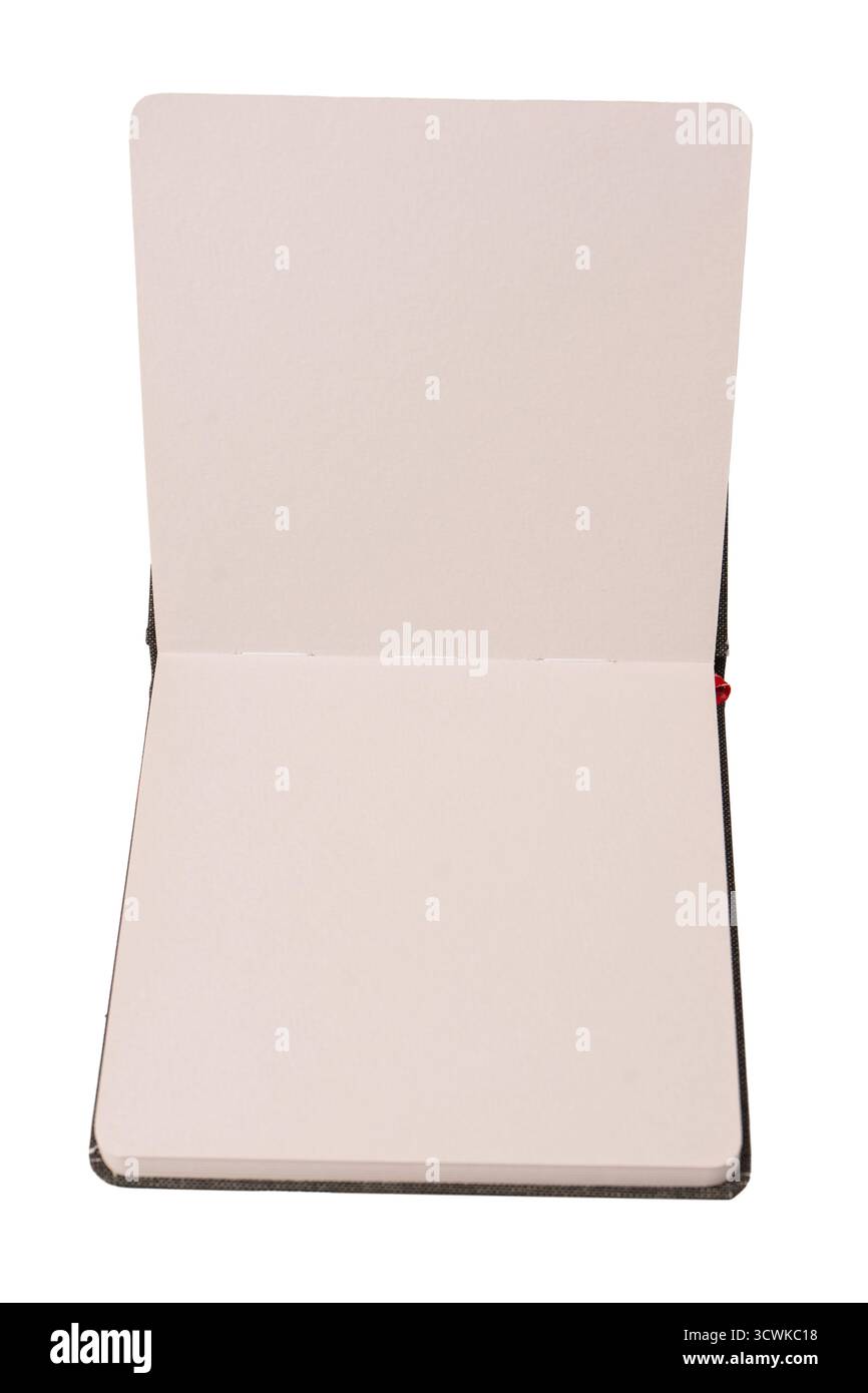Open notebook with blank pages isolated on a white background. Top view. Stock Photo
