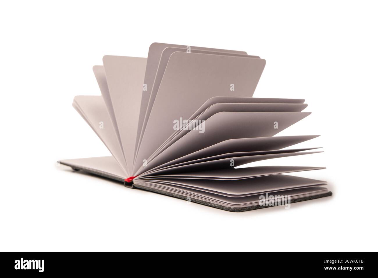 Open notebook with blank pages isolated on a white background. Top view. Stock Photo