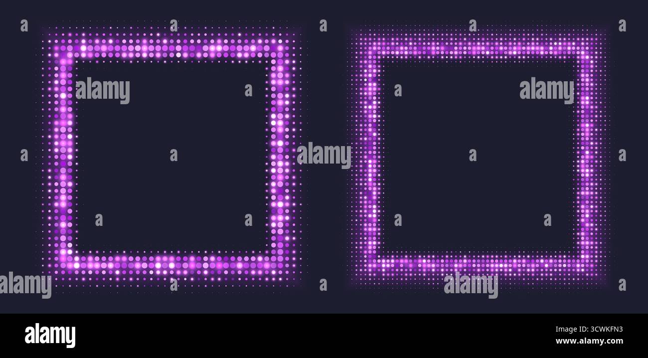 Purple halftone frames, glowing square borders, pattern with dots, radial disco luxury design element. Stock Vector