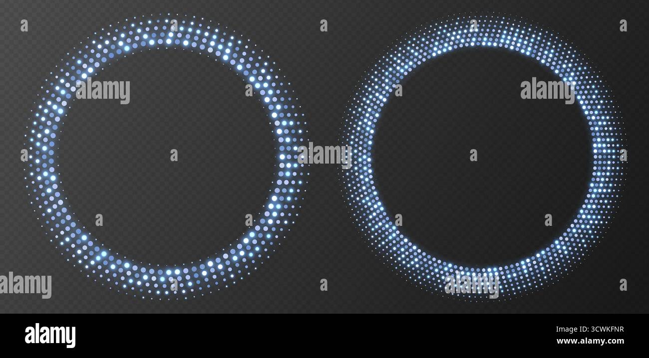 Blue halftone frames, glowing circle borders, round pattern with dots, radial disco luxury design element. Stock Vector