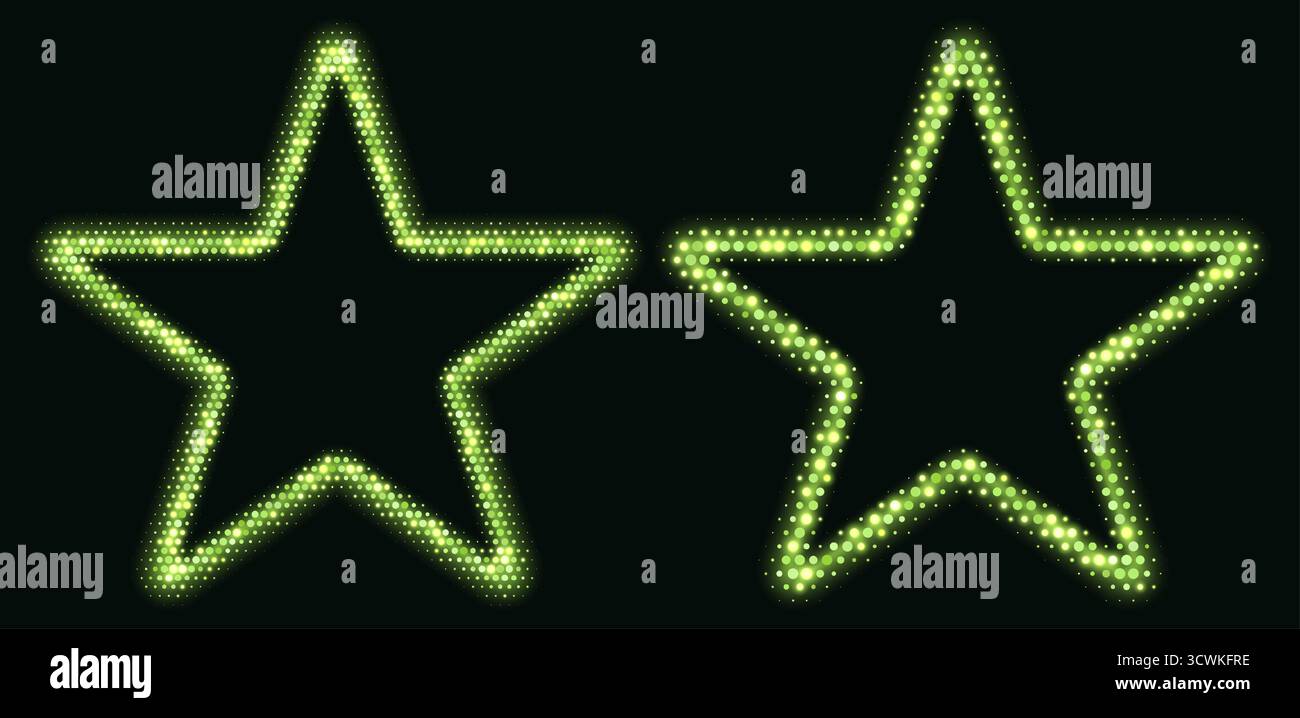 Green halftone star frame, glowing border, star pattern with dots, disco luxury design element. Stock Vector