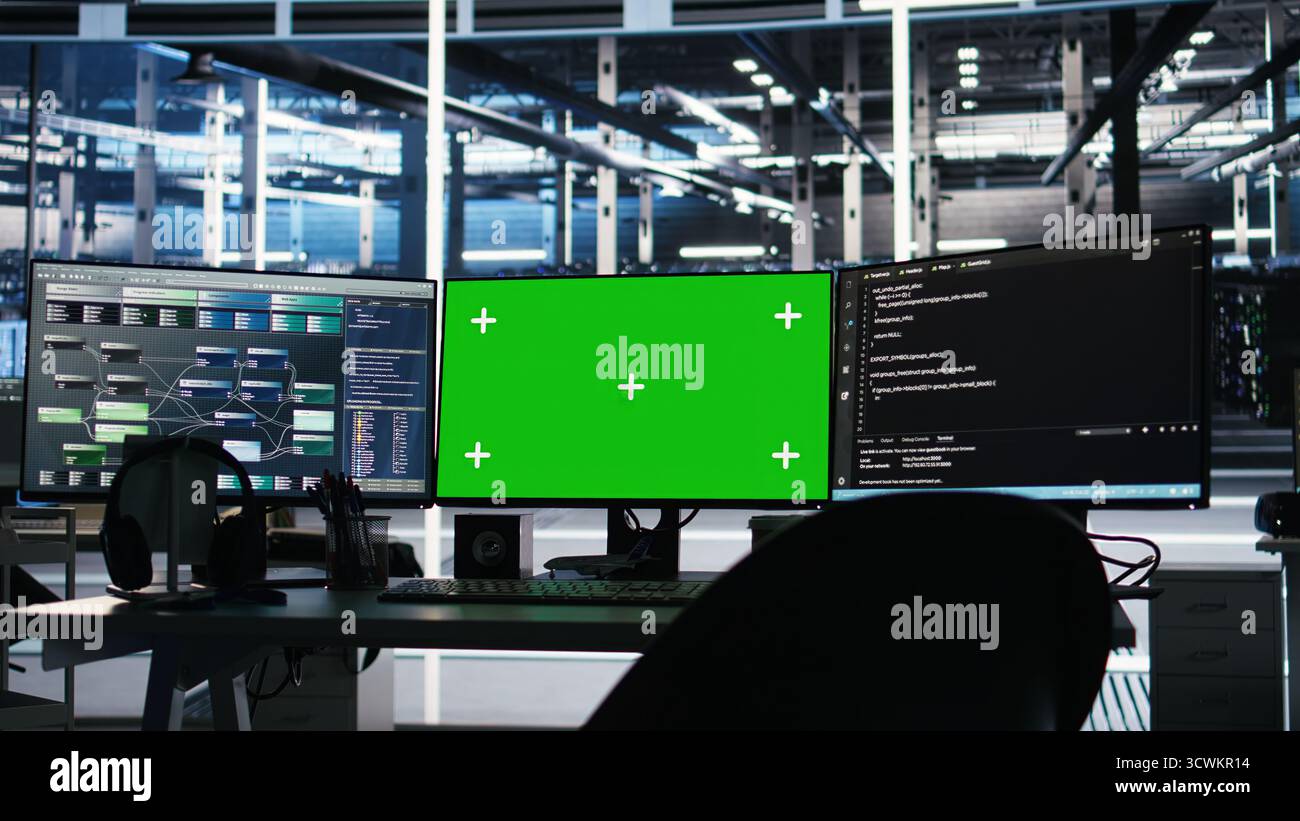 Chroma key displays in server farm displaying node tree programming ...