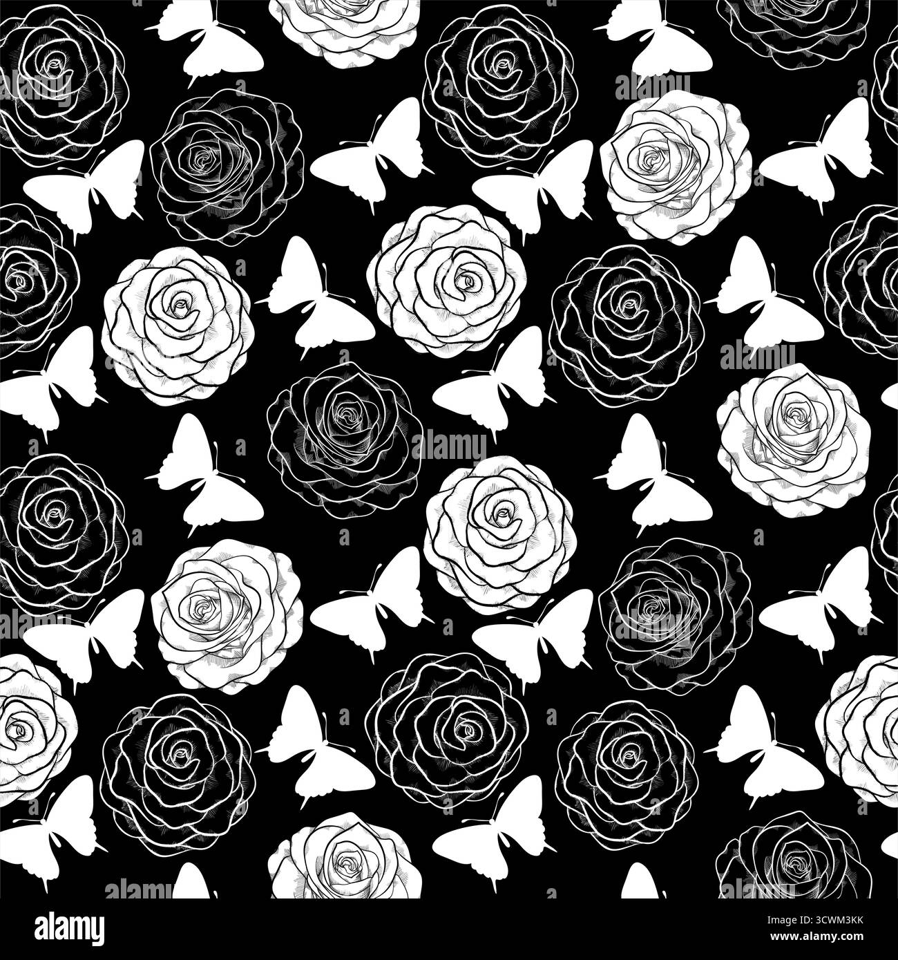beautiful black and white seamless pattern in roses Stock Vector Image ...