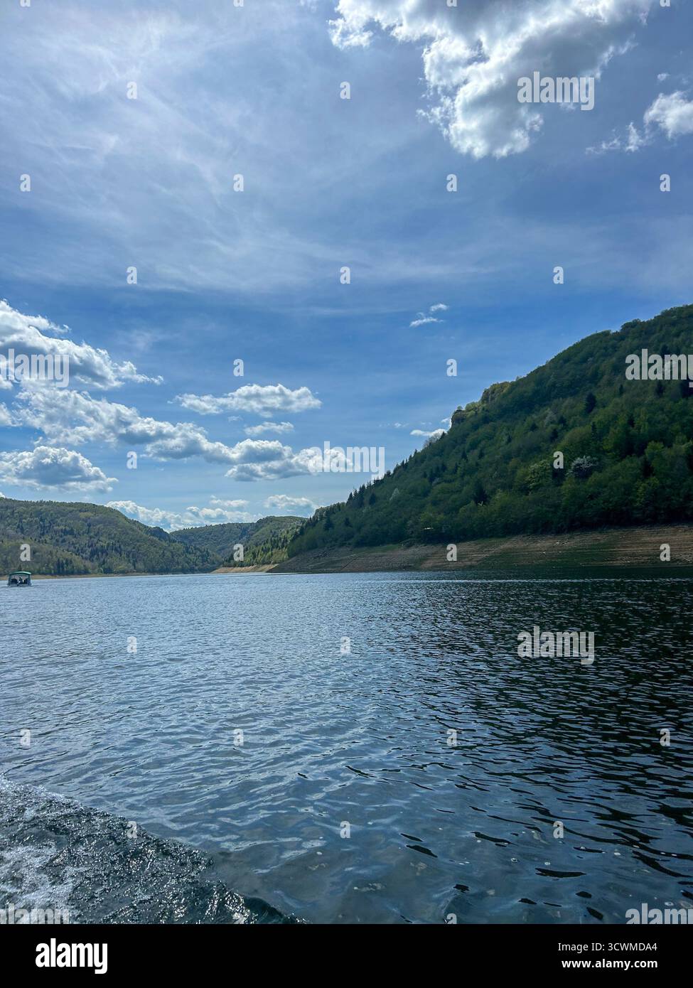 Peaceful view of Uvac Lake surrounded by forested hills and clear sky, showcasing the untouched natural beauty of Serbia’s landscape. - Smartphone Captured Stock Image