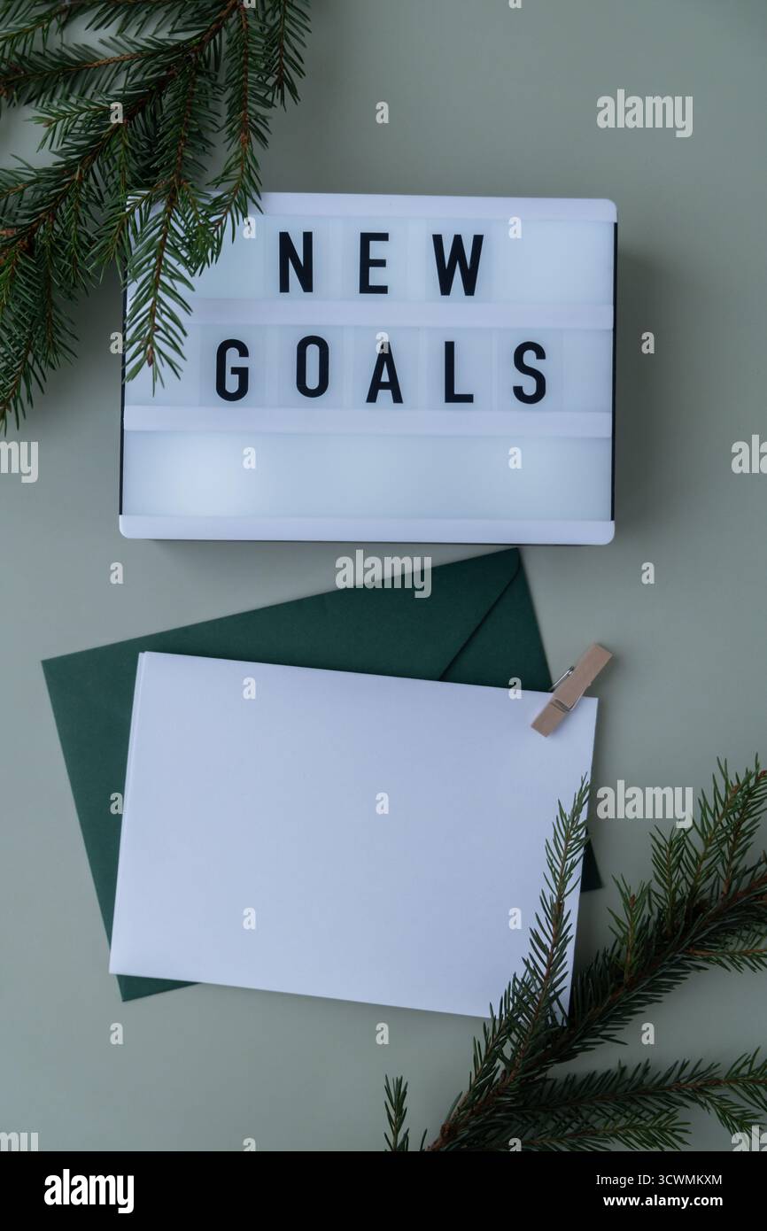 Lightbox with inspirational message NEW GOALS with fir branches on ...