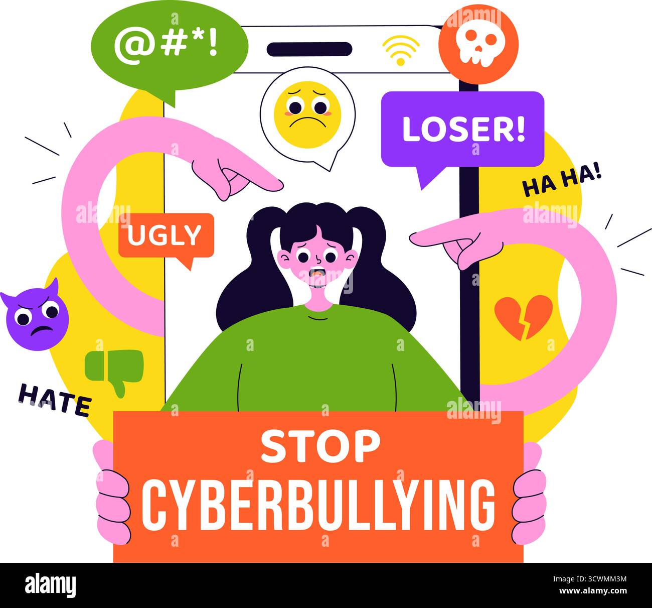 Cyberbullying Illustration Featuring Online Harassment, Network Abuse ...