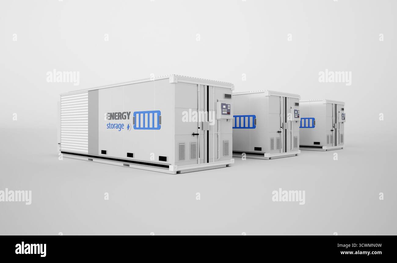 3d rendering group of energy storage systems or battery container units ...