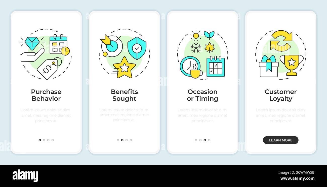 Types of behavioral segmentation onboarding mobile app screen Stock Vector