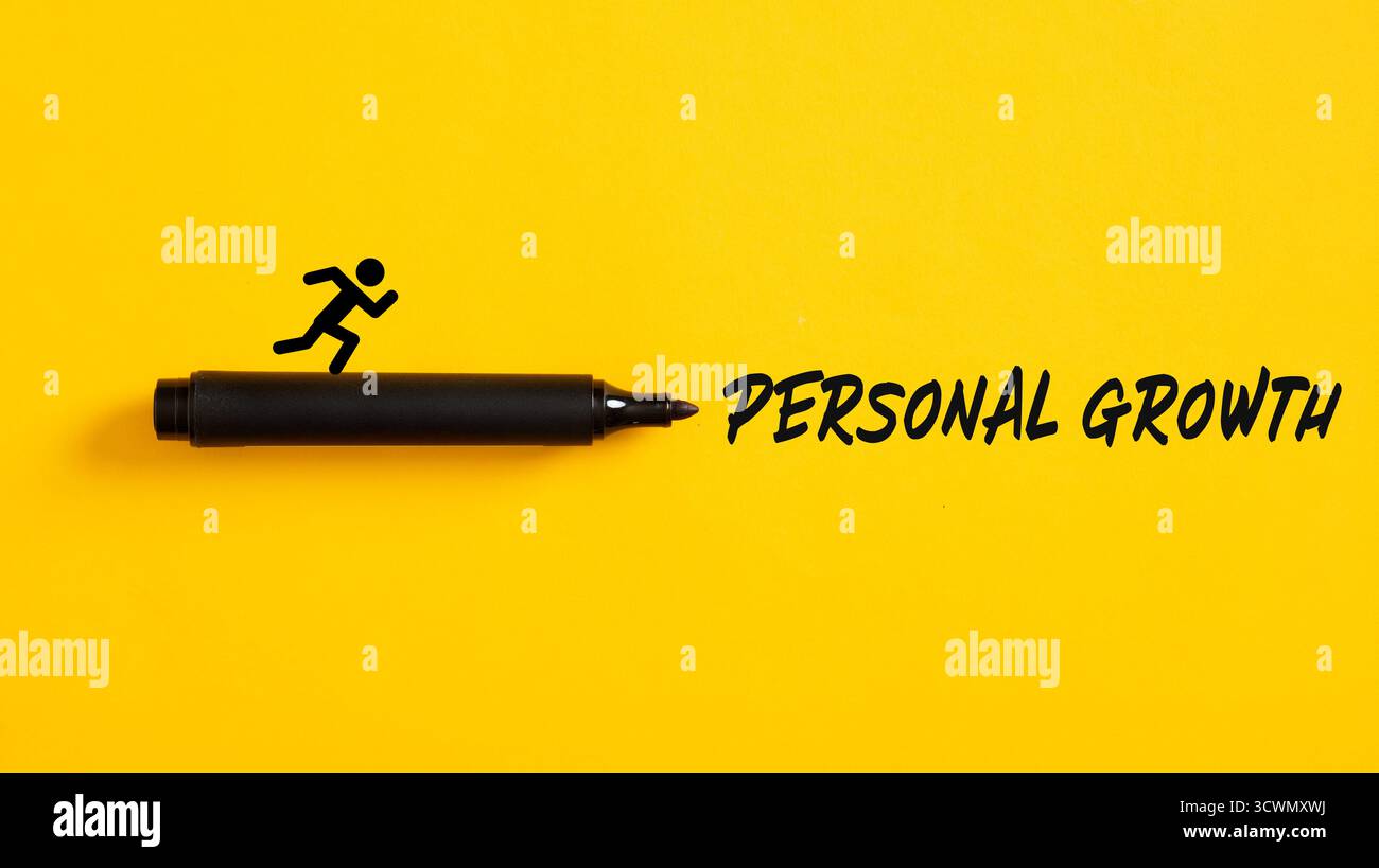 Marker pen writing personal growth with running man icon on yellow background, concept of personal development and improvement Stock Photo