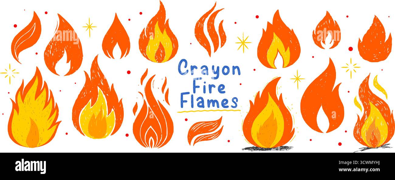 Crayon hand drawn fire flames set. Grunge elements with scribble texture. Bright sketch doodle collection Stock Vector