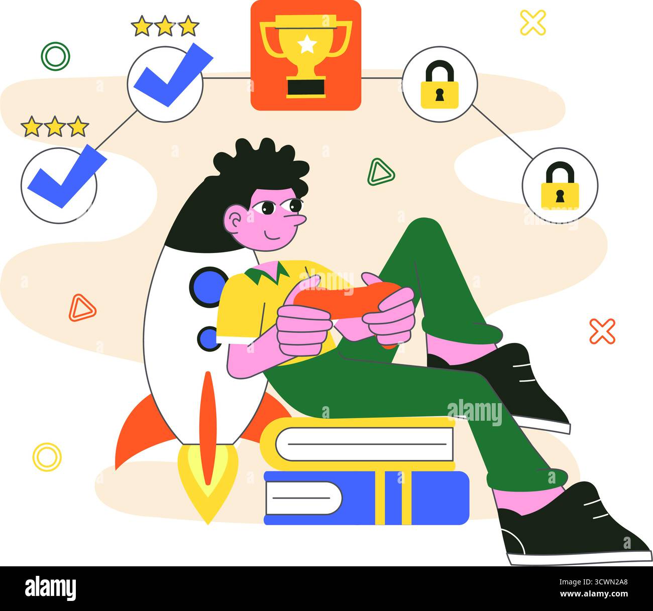 Interactive Learning Gamification Vector Illustration Featuring LMS Interface with Tablet, Book, Game Controller, and Lab Flask in a Flat Background Stock Vector
