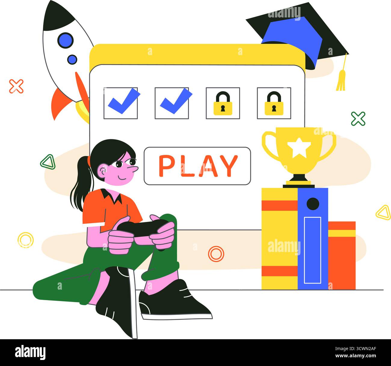 Interactive Learning Gamification Vector Illustration Featuring LMS Interface with Tablet, Book, Game Controller, and Lab Flask in a Flat Background Stock Vector