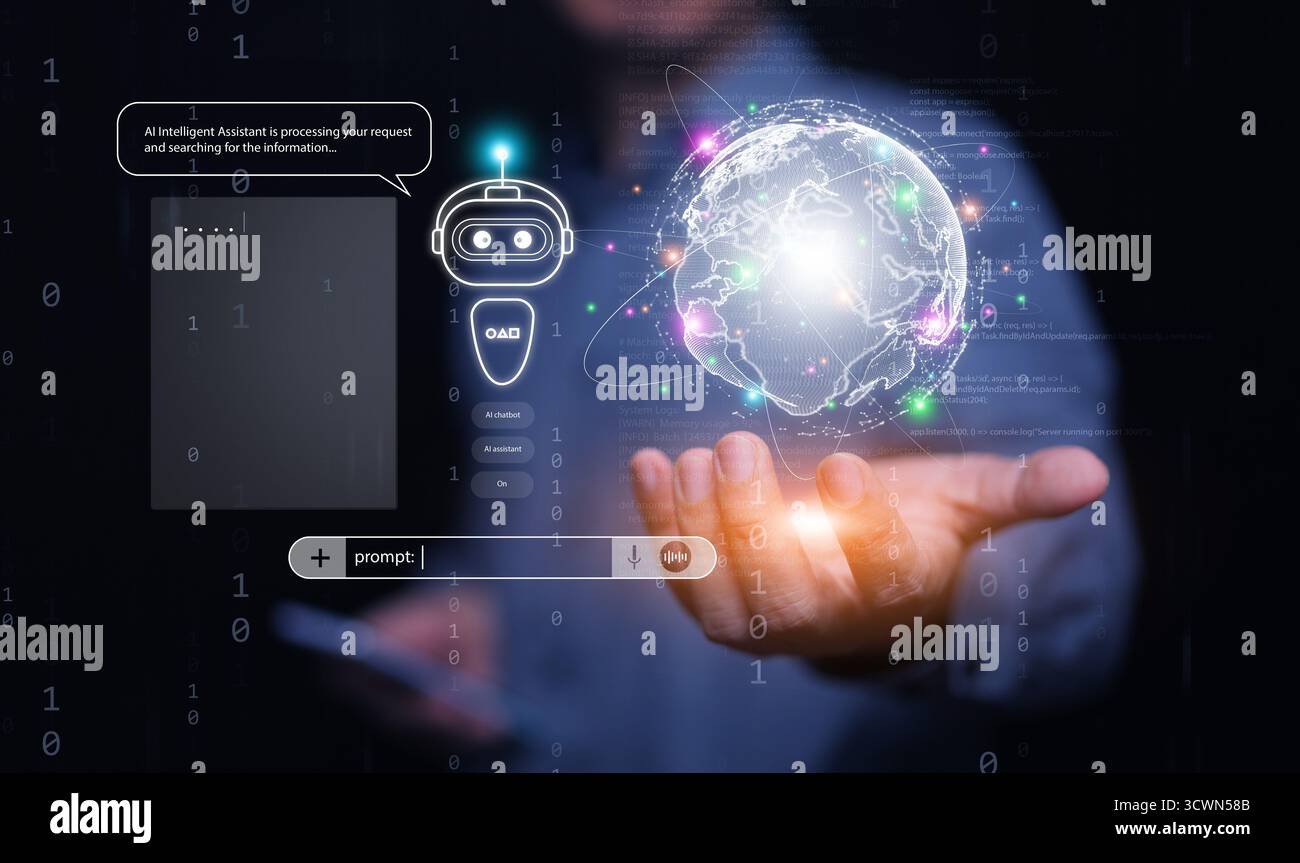 Futuristic AI assistant processing data with digital world hologram, symbolizing global network, artificial intelligence, and information technology i Stock Photo