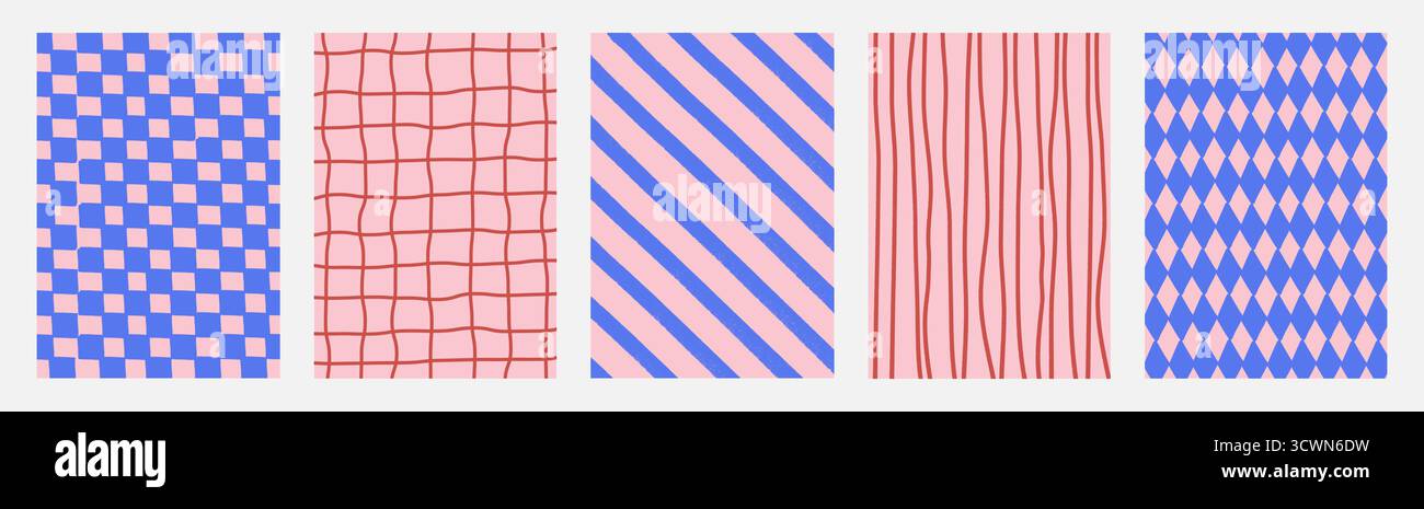 Playful seamless backgrounds with abstract geometric and hand-drawn patterns in pink and blue. Modern whimsical textures with stripes, diamonds, grids Stock Vector