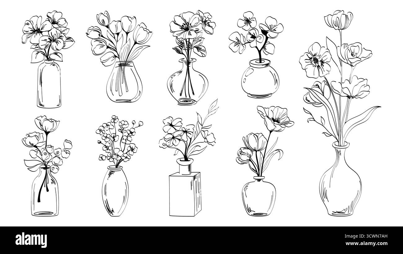 Doodle vase flower collection in outline style - tulips, poppies and  wildflowers arranged in glass bottles, jars and ceramic containers.  Minimalist black sketch illustrations of floral bouquets Stock Vector Image  \u0026 Art -, image size:1300x821
