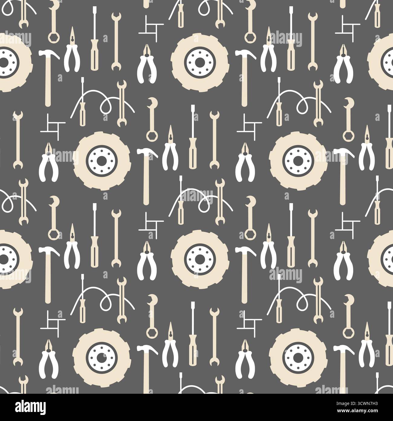Tool pattern with various hand tools like wrenches, hammers, and pliers on gray background vector Stock Vector