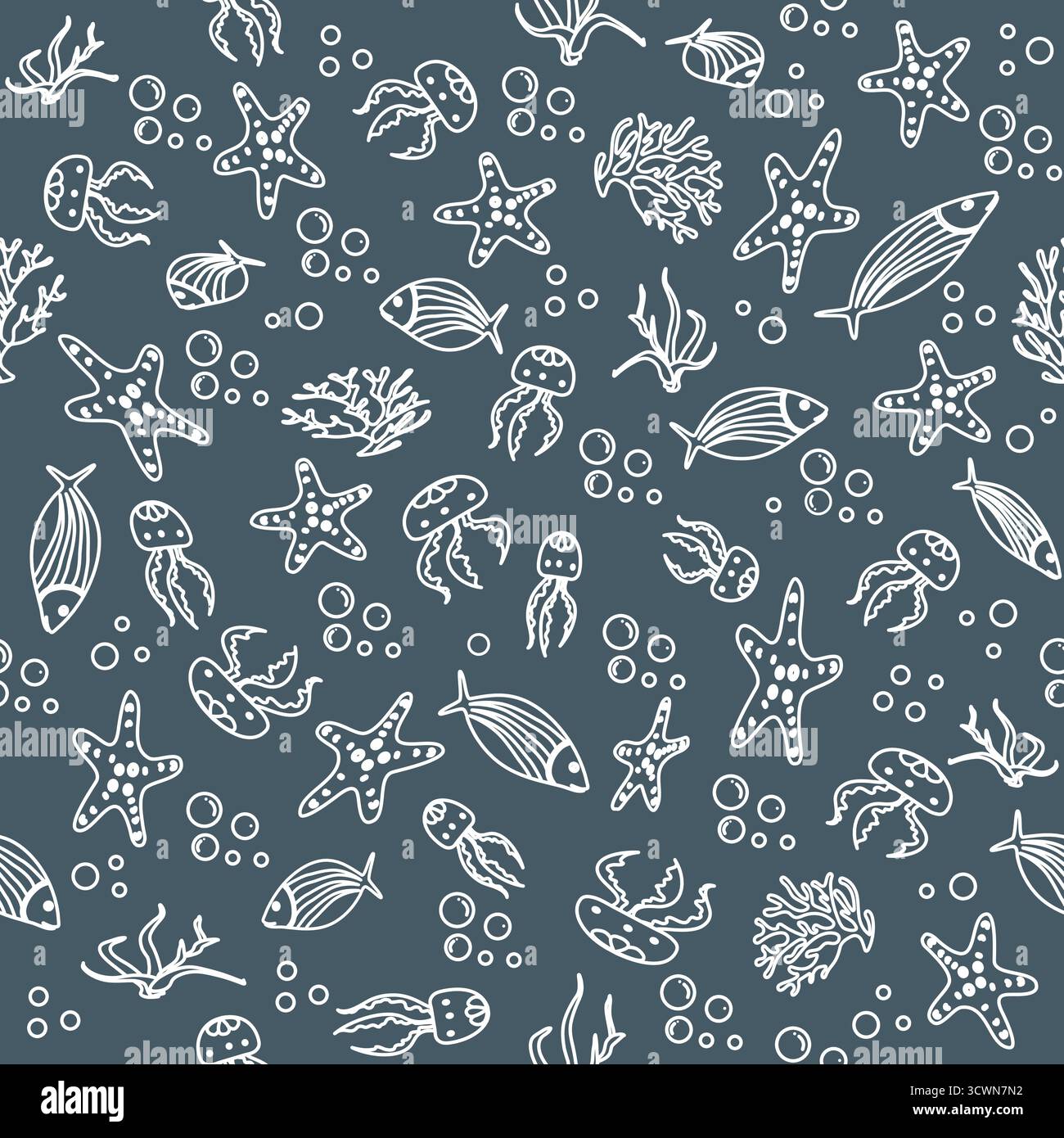 Sea creatures pattern with jellyfish, starfish, and fish on dark background for design projects vector Stock Vector