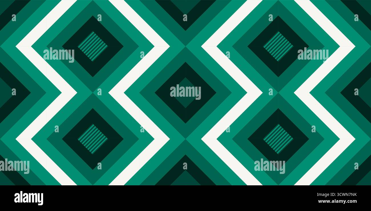 Viridian diamonds, colorful zigzags, diamonds, and optical illusion, seamless geometric vector pattern . Bold abstract design background, fabric, wall Stock Vector