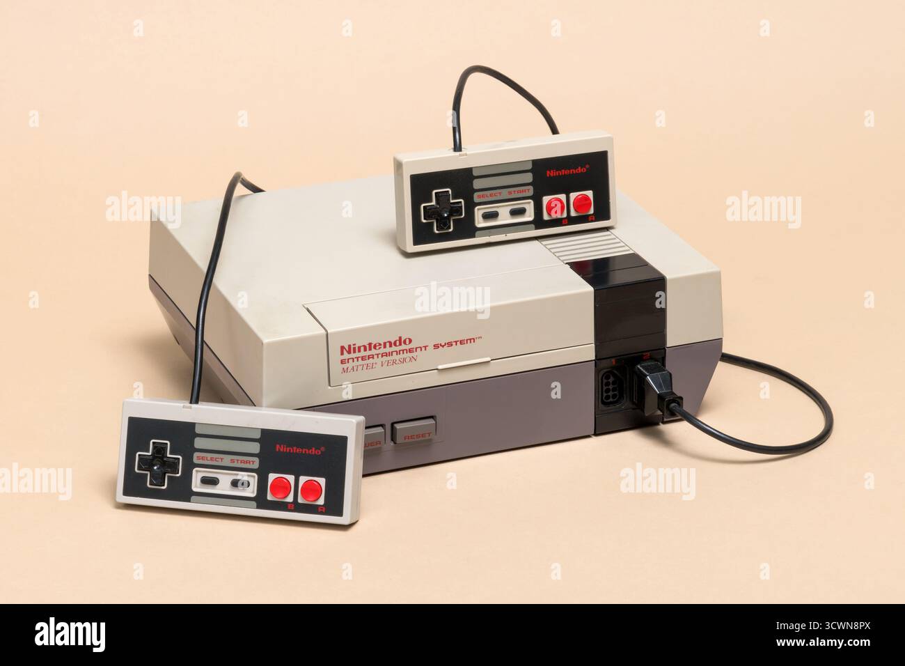 Pavia, Lombardy, Italy - November 23, 2024: Nintendo Entertainment System (NES) Mattel Version video game console, marketed from 1986 to 1995, at the Stock Photo