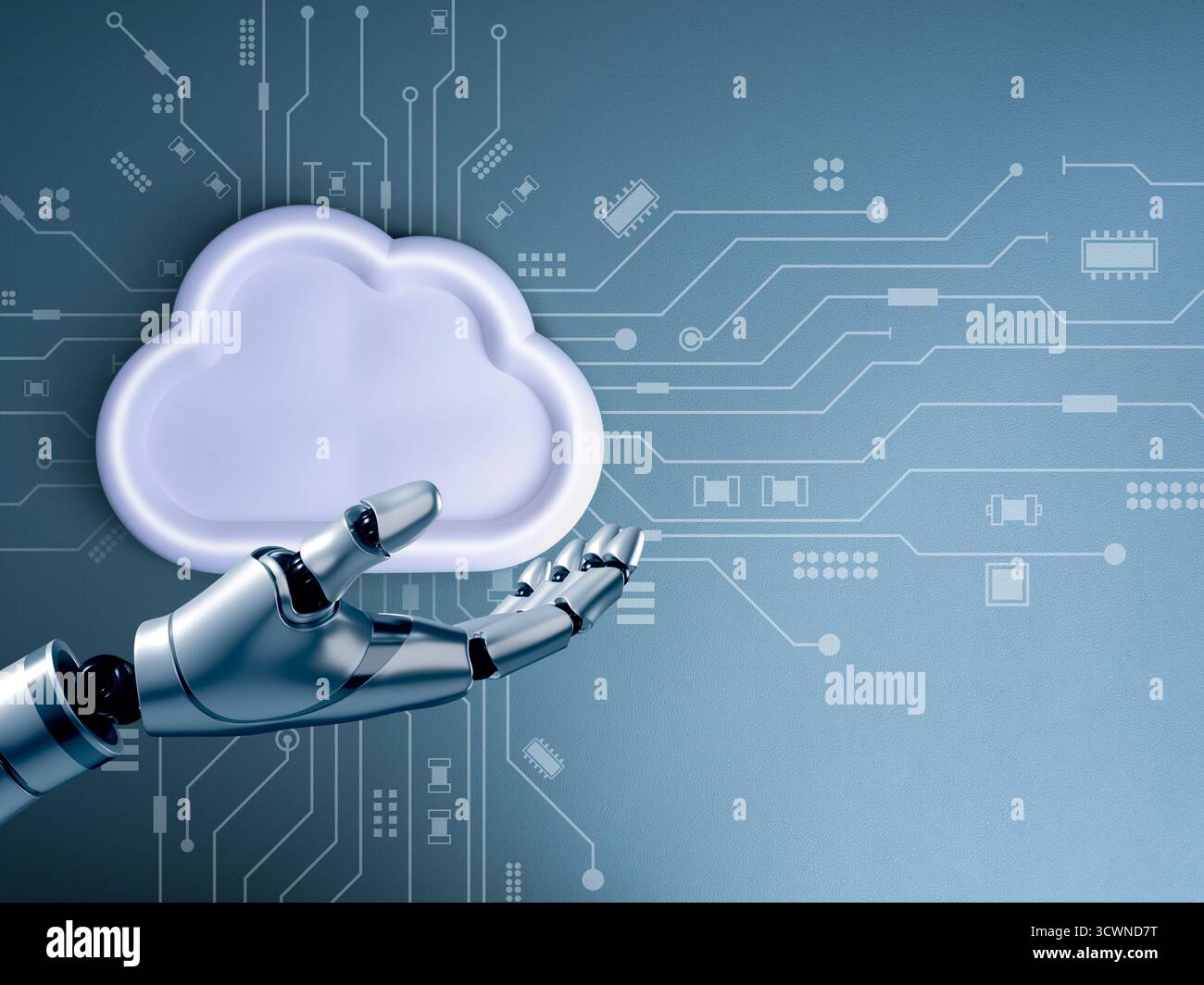 Robot hand holding white cloud icon with circuit board background, symbolizing AI cloud technology, artificial intelligence, cloud computing, automati Stock Photo