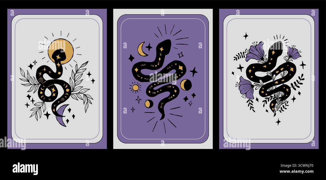 Mystical Snake with Moon, Sun and Flowers Plants. Color Textured Hand Drawn Doodle. Vertical Cards Set. Isolated Magical dark Kundalini for Tarot, mag Stock Vector