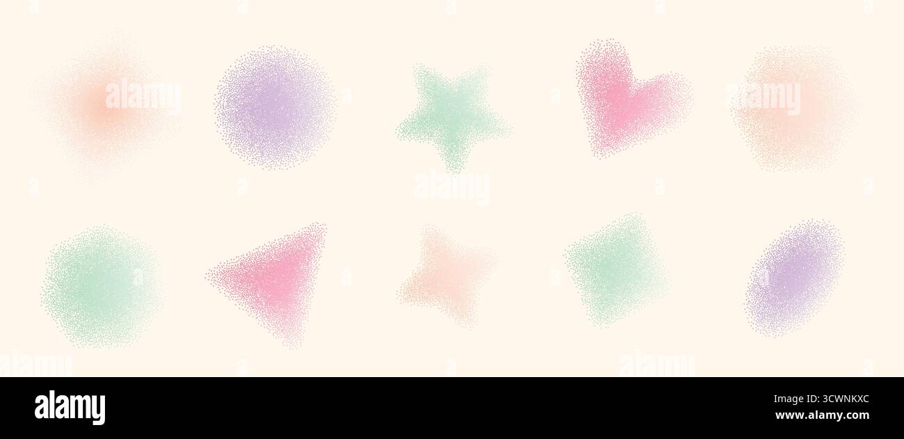 Dust power figures set. Dot work gradient simple geometric shapes collection. Grainy noise textured y2k elements. Triangle, blinks, star with rhombus Stock Vector
