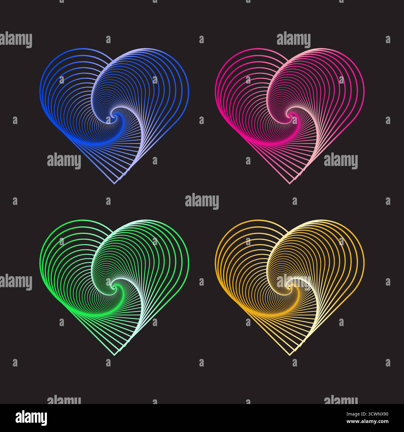 Collection six Vector hearts. Colorful spiral line set. Dynamic gradient shape design. Neon optical illusion. EPS 10. Stock Vector