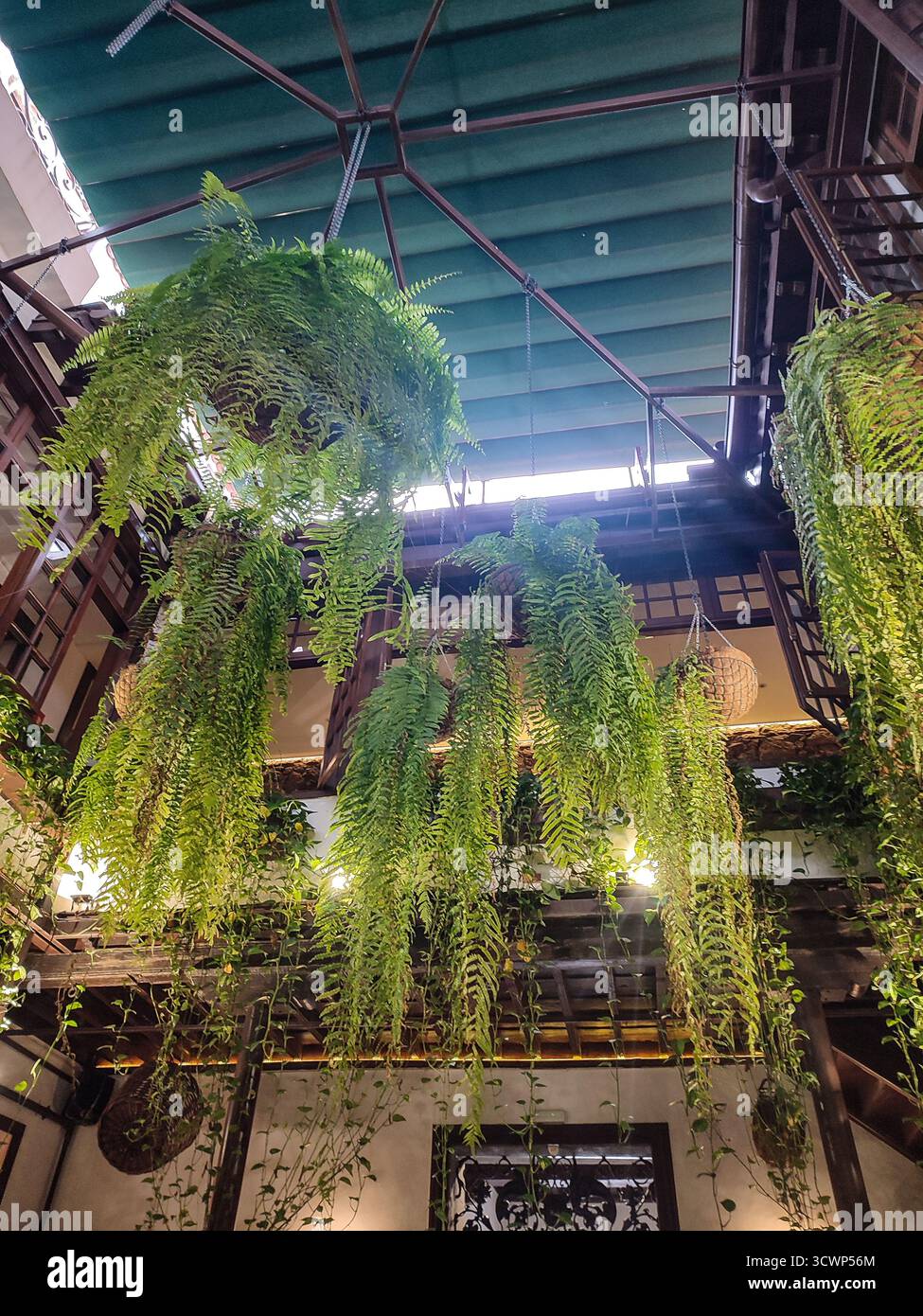 Detail of a Canarian interior courtyard in a traditional colonial-style house in a guachinche restaurant serving local food. Stock Photo