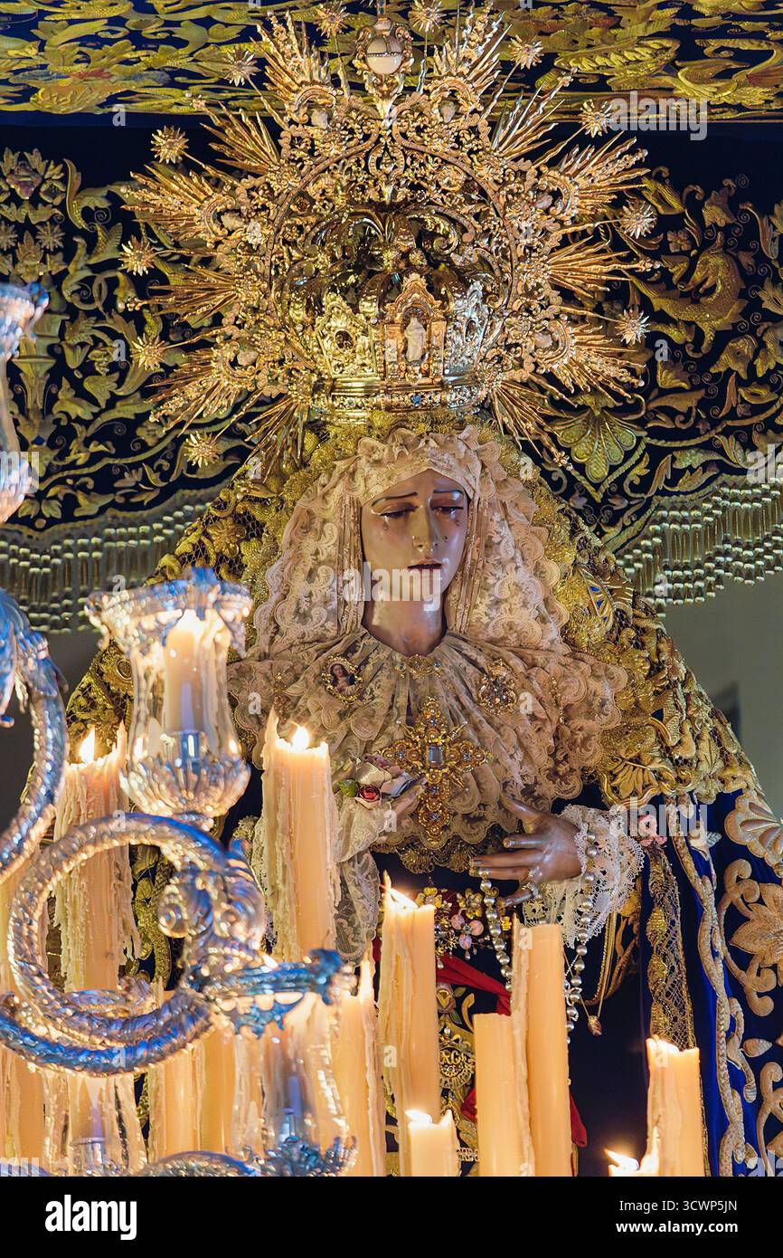 Close-up of the Sorrowful Virgin on her processional throne, María Santísima del Gran Perdón, during the Extraordinary Procession on October 12, 2025 Stock Photo