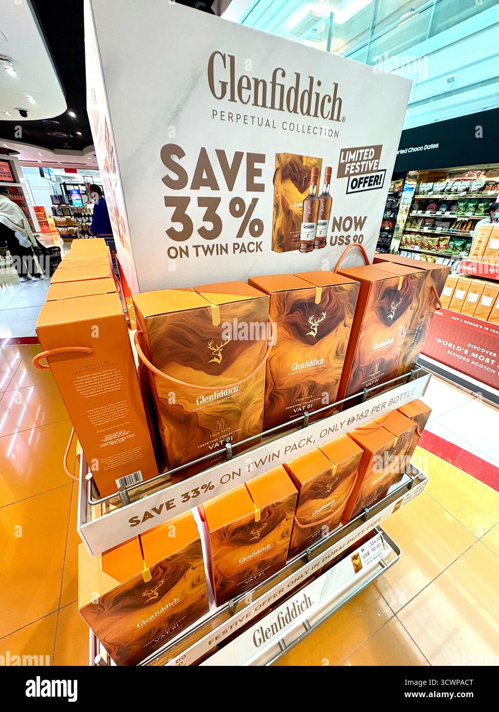 Glenfiddich perpetual collection single malt scotch whisky, 33% off on twin pack whisky, Dubai international airport,UAE - Smartphone Captured Stock Image