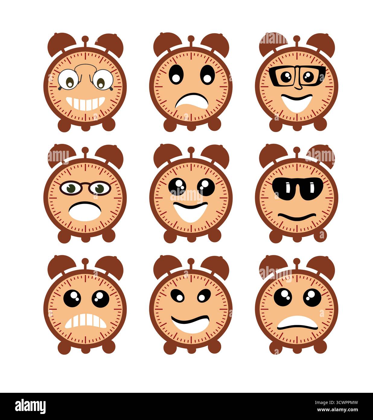 Emoji emoticon expression icons in style alarm clock face symbols ...